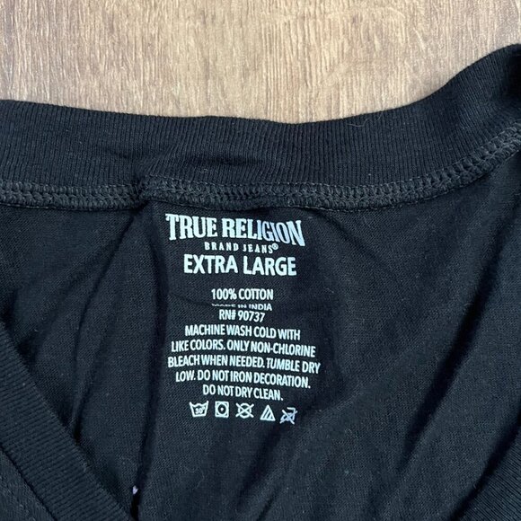 EUC True Religion Black V-Neck T-shirt Gold Logo Sz XL - Picture 4 of 8